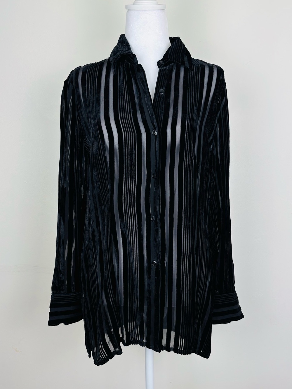 Vintage Express chiffon velvet silk blend sheer stripe button front shirt. Med - Picture 3 of 8